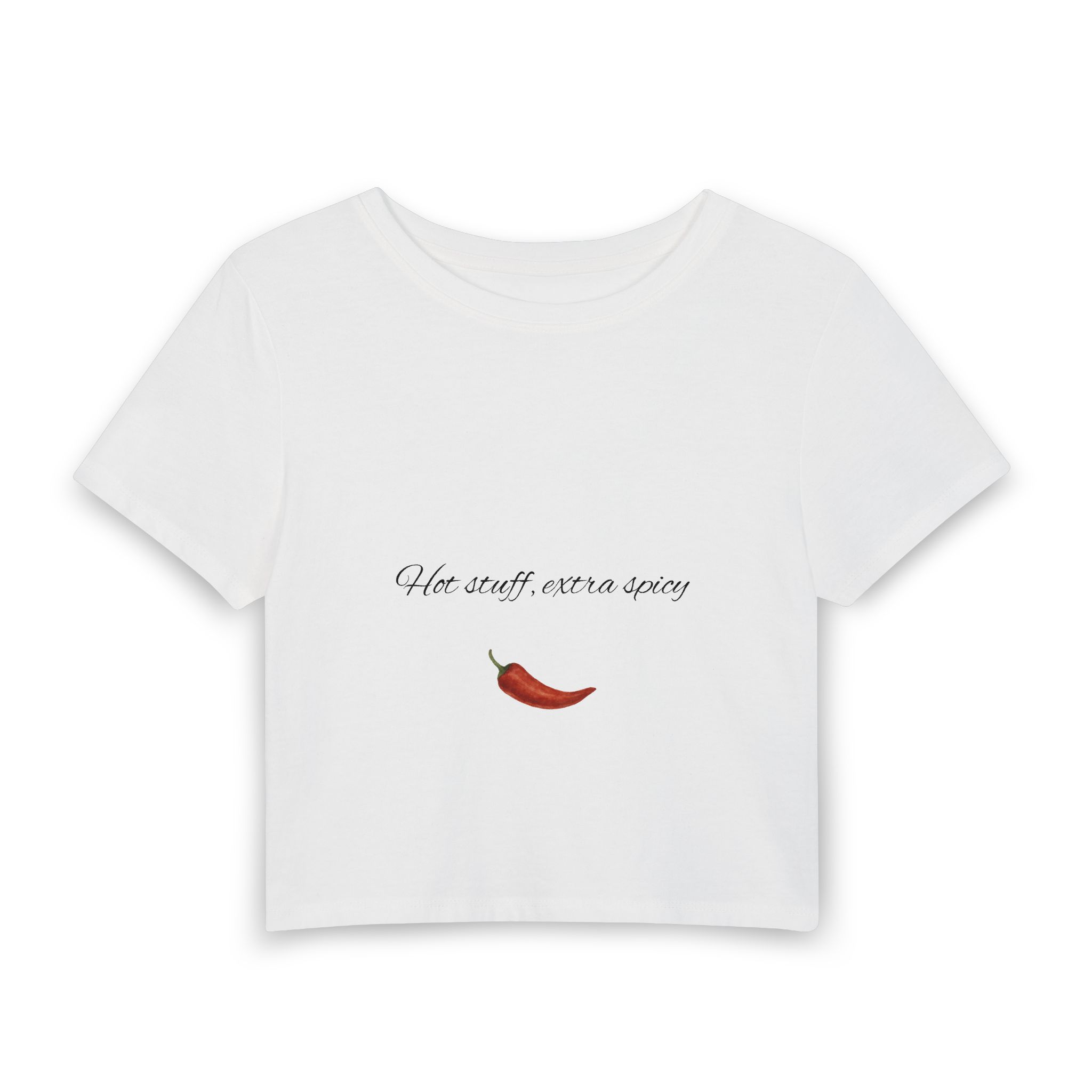 Women's Baby Tee — "Hot Stuff, Extra Spicy" Chili Pepper Graphic Crop Top