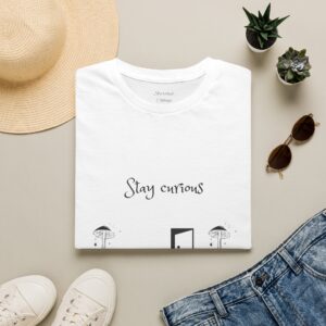 Stay Curious T-Shirt — Minimalist Door & Mushroom Illustration